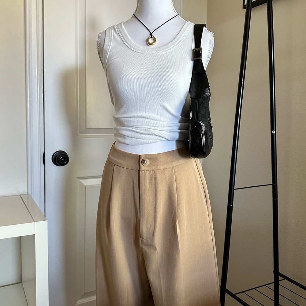 Elodie Tan Pinstripe Dress Pants Wide-Leg High-Waist